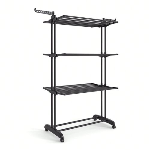 Étendoir à linge, à 4 Niveaux, avec roulettes, 63,5 x 128 x 173 cm, Noir d'encre