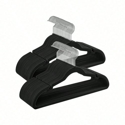 Cintres en velours, Lot de 50, Antiglisse, avec encoches, Barre pour pantalons, Crochet Pivotant à 360°, Noir Classique