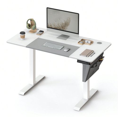 Bureau Assis Debout Électrique, 60 X 120 X (72-120) Cm, Table Réglable En Hauteur, Blanc Pur Et Gris Tourterelle