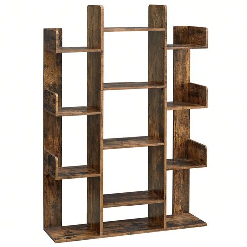 Bibliothèque arbre, Étagère à 13 compartiments, Meuble de rangement, 86 x 25 x 140 cm, avec coins arrondis et rebords