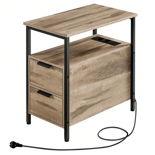 Table D'appoint Avec Multiprise, Petite Table Fine Avec 2 Tiroirs, Table De Chevet Avec Rangement, Pour Salon, Chambre, Marron Camel Et Noir D'encre