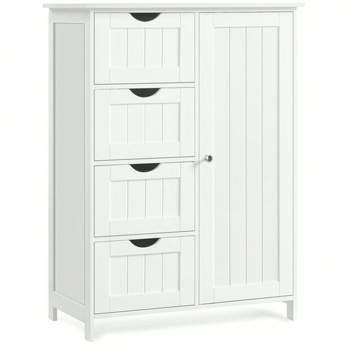 Meuble Salle De Bain Rangement, Armoire Gain De Place, Commode, Avec 4 Tiroirs, Placard Avec Porte, Étagère Réglable, 35 X 65 X 90 Cm, Blanc Nuage