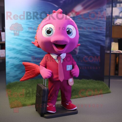 Personnage De Costume De Mascotte Redbrokoly De Poisson Rouge Magenta Habillé D'une Chemise Boutonnée Et De Porte-Documents