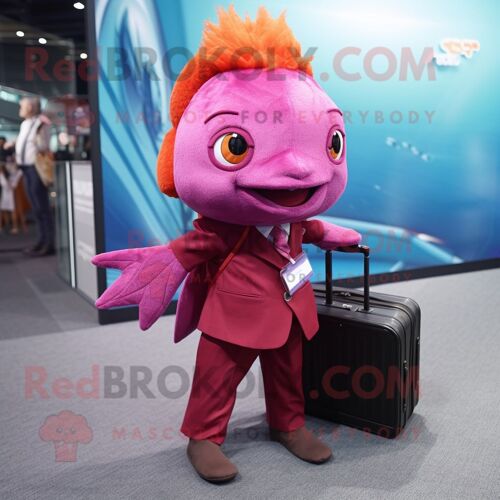 Personnage De Costume De Mascotte Redbrokoly De Poisson Rouge Magenta Habillé D'une Chemise Boutonnée Et De Porte-Documents