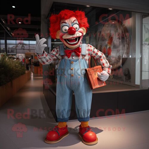 Personnage De Costume De Mascotte Redbrokoly Red Evil Clown Habillé D'une Chemise En Jean Et De Portefeuilles