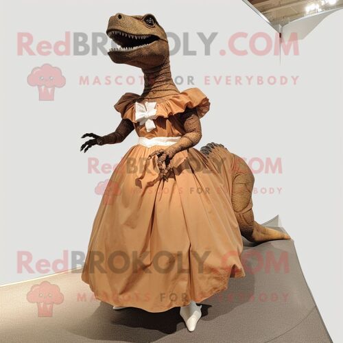 Personnage De Costume De Mascotte Redbrokoly De T Rex Marron Habillé D'une Robe De Bal Et De Pinces À Chaussures