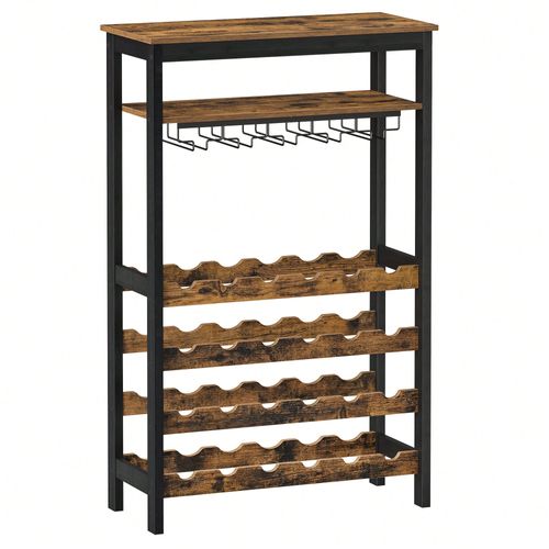 Étagère À Vin 24 Bouteilles, Meuble Rangement Avec 5 Rangées Porte-Verres, Pour Cuisine, Bar, Salle À Manger, Cave, Marron Rustique Et Noir