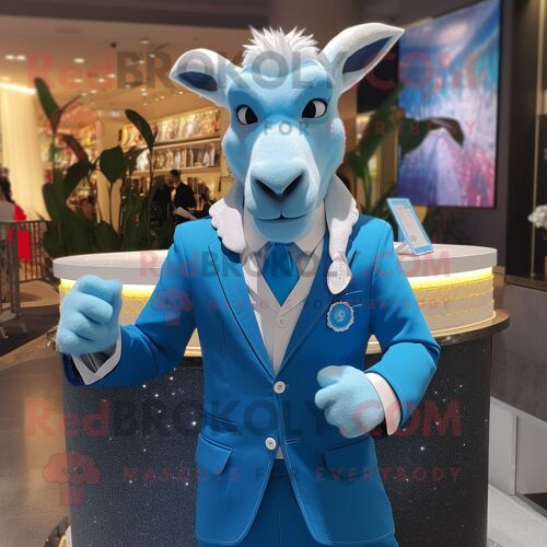 Personnage De Costume De Mascotte Redbrokoly De Chèvre Bleu Ciel Habillé D'une Veste De Costume Et De Bandeaux