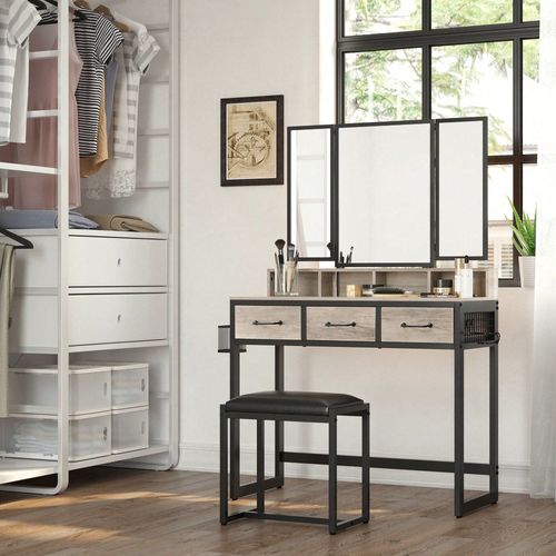 Coiffeuse Avec Tabouret, 3 Miroirs, 3 Tiroirs, Porte-Sèche-Cheveux, Style Industriel, 90 X 40 X 141 Cm, Grège, Noir
