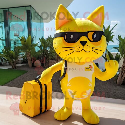Personnage De Costume De Mascotte Redbrokoly De Chat Jaune Habillé D'un Bikini Et De Sacs Messenger