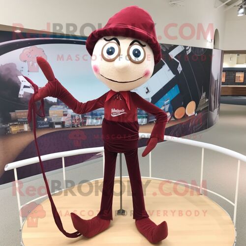 Personnage De Costume De Mascotte Redbrokoly Maroon Tightrope Walker Habillé Avec Un Jean Skinny Et Des Épingles À Châle
