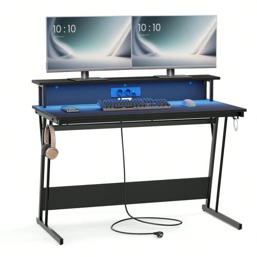Bureau Gaming avec lED et Multiprise, Bureau Informatique avec rehausseur d'écran, 60 x 120 x 75 cm, Noir Boisé