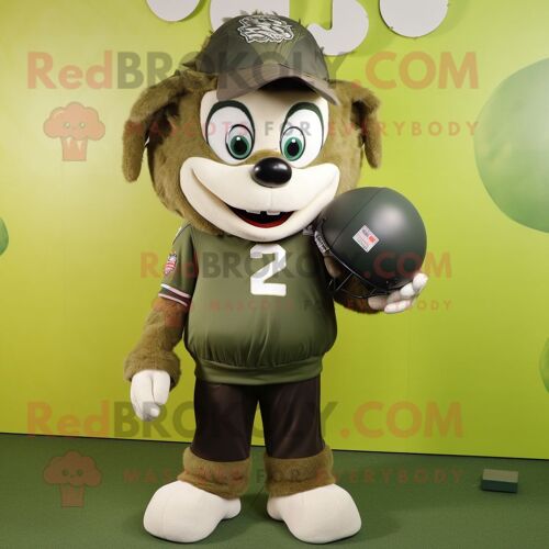 Personnage De Costume De Mascotte Redbrokoly De Casque De Football Américain Olive Habillé D'un Coupe-Vent Et D'épingles À Cheveux