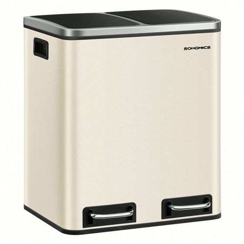 Poubelle Cuisine, 2 x 15L, Poubelle Tri, avec pédale, 2 compartiments, Couvercles en douceur, Beige Sable et Noir d'encre