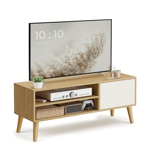 Meuble Tv, Support Télé, Couleur Chêne Naturel Et Blanc Crème