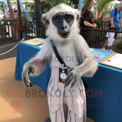Costume De Mascotte Redbrokoly De Singe Capucin Argenté Habillé D'une Robe Portefeuille Et D'épinglettes