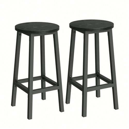 Tabouret de bar, Lot de 2, Chaise de cuisine, Siège Haut, Cadre en métal, avec repose-Pieds, Noir Bois et Noir Classique