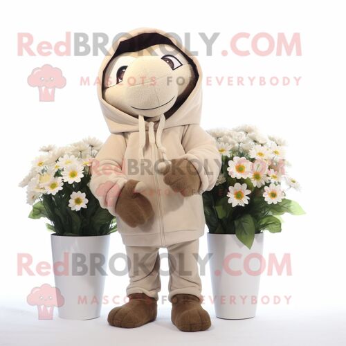 Personnage De Costume De Mascotte Redbrokoly De Bouquet De Fleurs Beige Habillé D'un Sweat À Capuche Et De Ceintures