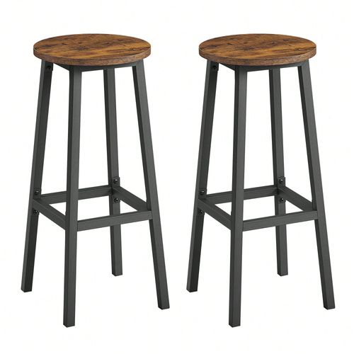 Tabouret De Bar, Lot De 2, Siège Haut, Cadre Métallique, Montage Facile, Hauteur 74 Cm, Pour Cuisine, Salon, Salle À Manger, Marron Rustique Et Noir