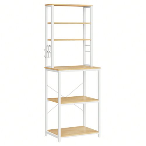 Étagère De Cuisine, 6 Étagères Et 6 Crochets, Pour Four À Micro-Ondes, Style Industriel, 40 X 60 X 167 Cm, Couleur Chêne Et Blanc