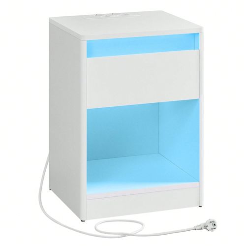 Table de nuit avec multiprise, Table d'appoint avec lumières LED Réglables, Table de chevet avec tiroir, 2 Prises Électriques, 2 Ports USB, Blanc