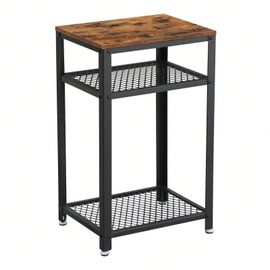 Table D'appoint, Table De Chevet, Bout De Canapé, Table Pour Téléphone, Avec 2 Étagères En Treillis, Cadre En Acier, Marron Rustique Et Noir