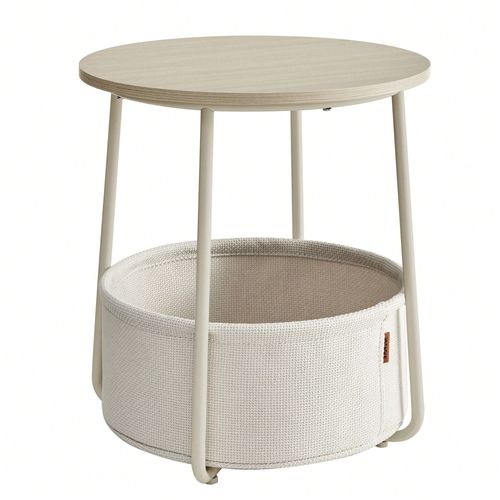 Petite Table Basse Ronde, Avec Panier En Tissu, Rangement, Pour Salon, Chambre, Table De Chevet, Style Moderne, Beige Naturel Et Blanc Crème