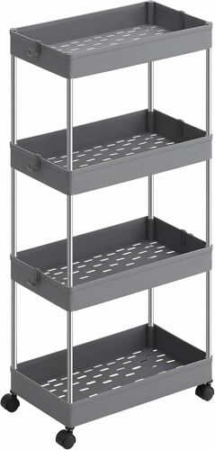 Chariot de cuisine à 4 Niveaux, Étagère Étroite, avec 6 Crochets, Structure en acier, Salle de bain, 23,6 x 42 x 86 cm Gris Tourterelle