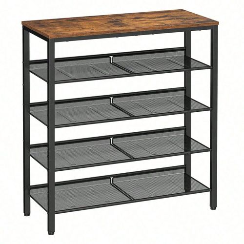 Étagère Chaussure 5 Niveaux, Avec 4 Étagères Grillagées, Marron Rustique Et Noir