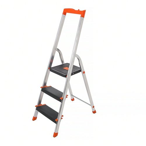Échelle à 3 Marches, Marches de 12 cm, avec rainures, Pieds Antiglisses, Main Courante, Charge 150 Kg, Noir et Orange