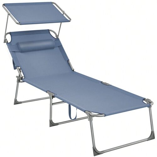 Bain De Soleil Grand, Chaise Longue Pliable, Transat, 71 X 200 X 38 Cm, Capacité De Charge 150 Kg, Avec Pare-Soleil, Dossier Inclinable, Bleu
