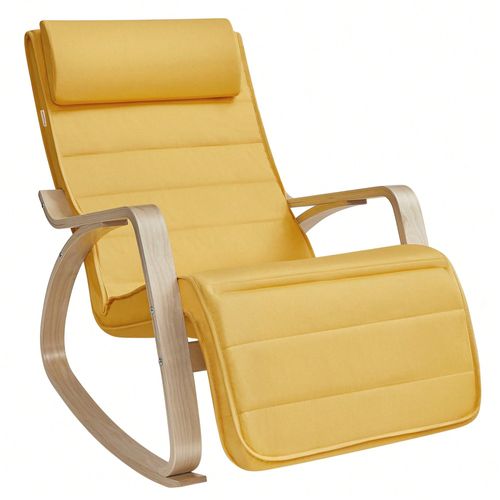 Fauteuil À Bascule, Avec Accoudoirs En Bois, Repose-Pieds Réglable En 5 Positions, Jaune Canard Et Couleur Boisée