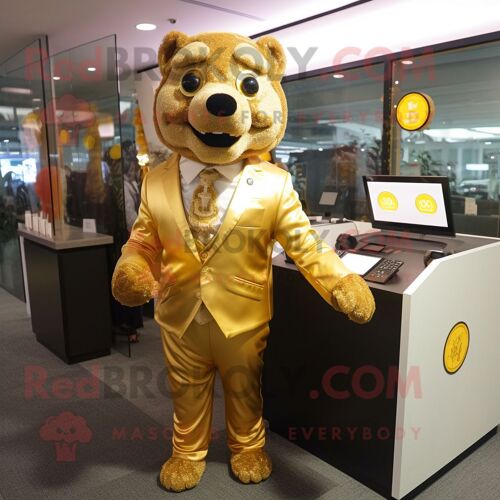 Personnage De Costume De Mascotte Redbrokoly De Chien D'or Habillé D'une Veste De Costume Et De Porte-Monnaie