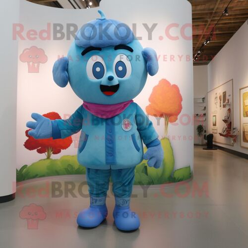 Personnage De Costume De Mascotte Redbrokoly Cyan Plum Vêtu D'un Short En Jean Et De Mitaines