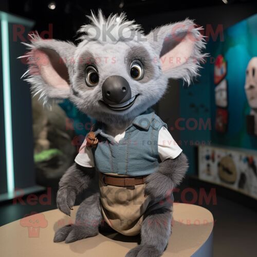Mascotte Redbrokoly De Personnage Gris Aye-Aye Habillé D'une Barboteuse Et De Ceintures