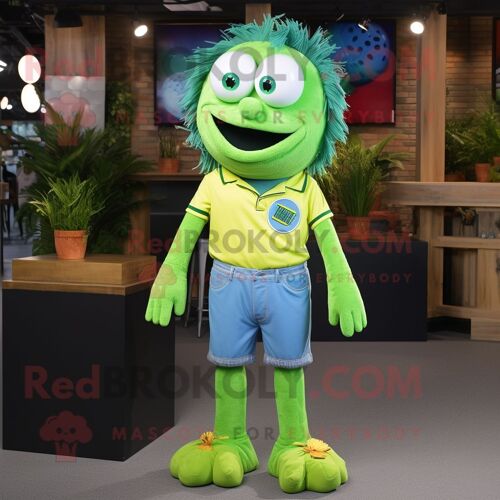 Personnage De Costume De Mascotte Redbrokoly De Boulettes De Viande Vert Citron Vêtu D'un Short En Jean Et D'épingles À Cravate