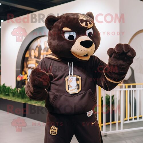 Personnage De Costume De Mascotte Redbrokoly De Panthère Brune Habillé D'un Sweat-Shirt Et De Porte-Monnaie