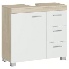 Meuble Sous Lavabo, 3 Tiroirs Latéraux, 2 Cases Derrière La Porte, Pour Lavabos Sur Colonne, Avec Pieds, 30 X 70 X 64 Cm, Blanc Et Beige Naturel