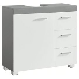 Meuble Sous Lavabo, 3 Tiroirs Latéraux, 2 Cases Derrière La Porte, Pour Lavabos Sur Colonne, Avec Pieds, 30 X 70 X 64 Cm, Blanc Et Gris Tourterelle