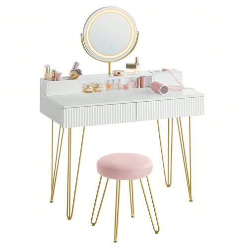 Coiffeuse avec miroir Pivotant et Tabouret, Miroir Coiffeuse, avec Éclairage et Multiprise, Tabouret Rembourré, Blanc mat et Doré Clair