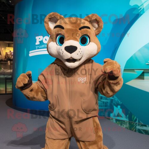 Personnage De Costume De Mascotte Redbrokoly Puma Marron Habillé D'un Coupe-Vent Et D'écharpes