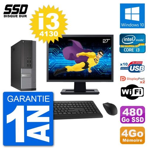PC Dell 7020 SFF Ecran 27" Intel i3-4130 RAM 4Go SSD 480Go Windows 10 Wifi
