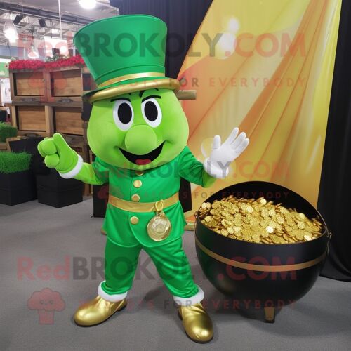 Personnage De Costume De Mascotte Redbrokoly Pot Of Gold Vert Citron Vêtu D'un Pantalon Cargo Et D'épinglettes