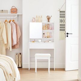 Coiffeuse Avec Miroir - Tiroir, Étagères Réglables - Style Moderne - 70 X 40 X 136 Cm - Blanc