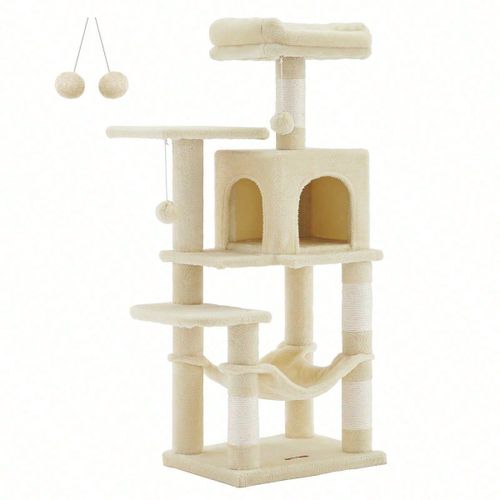 Arbre À Chat Hauteur 112 Cm, Avec 4 Poteaux À Griffer, 2 Plateformes, 1 Niche, 1 Hamac, 2 Pompons, Beige