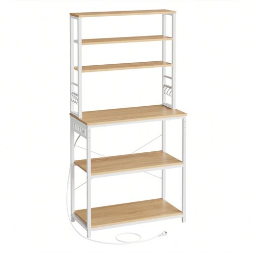 Étagère De Cuisine Avec Multiprise, 6 Étagères, 6 Crochets, Cadre En Acier, 40 X 80 X 167 Cm, Chêne Doré Et Blanc Nuage