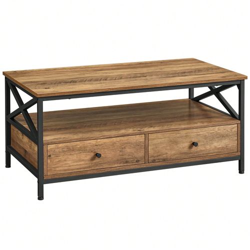 Table Basse, avec 2 Tiroirs et 1 compartiment Ouvert,100 X 55 X 45 cm, Marron Châtaigne et Noir