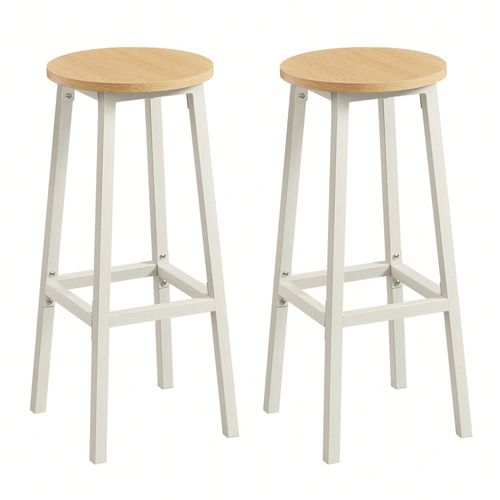 Tabouret De Bar, Lot De 2, Siège Haut, Cadre Métallique, Montage Facile, Hauteur 74 Cm, Pour Cuisine, Salon, Salle À Manger, Doré Chêne Et Blanc