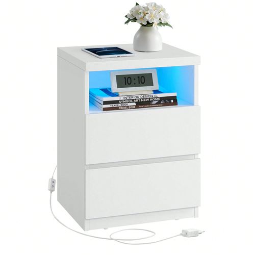 Table De Chevet, Lot De 2, Avec Éclairage Led Réglable, Table D'appoint Avec Tiroirs, Table De Nuit Pour Chambre, Salon, Style Moderne, Blanc Nuage