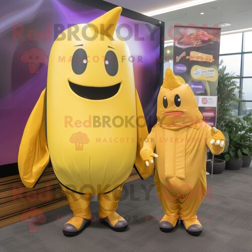 Personnage De Costume De Mascotte Redbrokoly D'aubergine Dorée Habillé D'un Coupe-Vent Et De Cravates